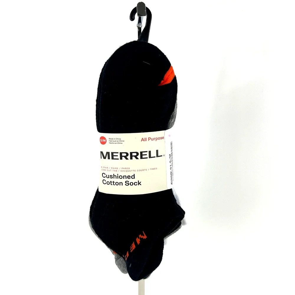 NEW Merrell Men Cushioned Low Cut Tab Socks 6 Pairs Breathable Black Gray White